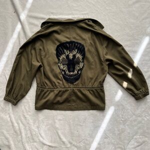 Madewell Olive Green Jacket with Unique DIY Sugar Skull Lace Mesh Back Patch